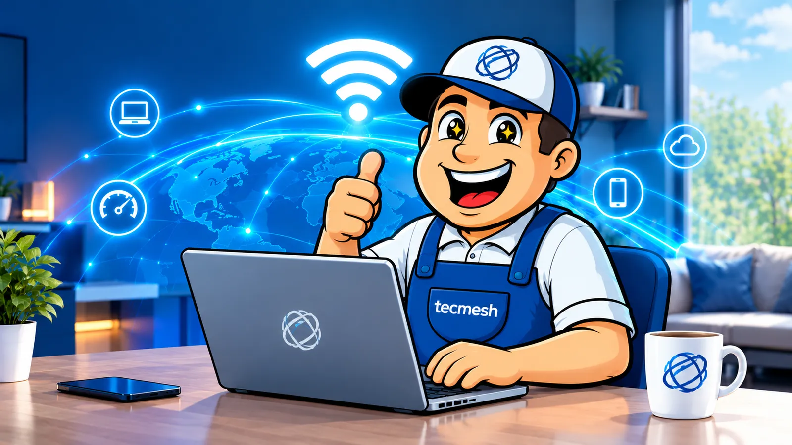 Ilustración del técnico de Tecmesh atendiendo una instalación de internet