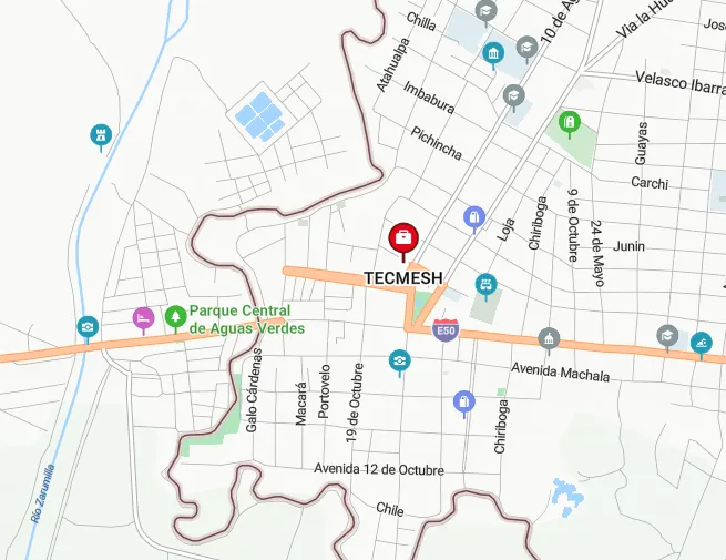 Mapa con la ubicación de la oficina de Tecmesh en Primero de Mayo y 10 de Agosto, Huaquillas