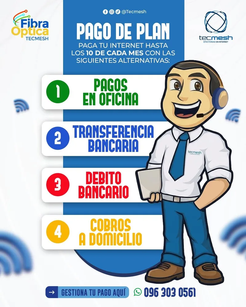 Alternativas de pago del plan: pagos en oficina, transferencia bancaria, débito bancario y cobros a domicilio