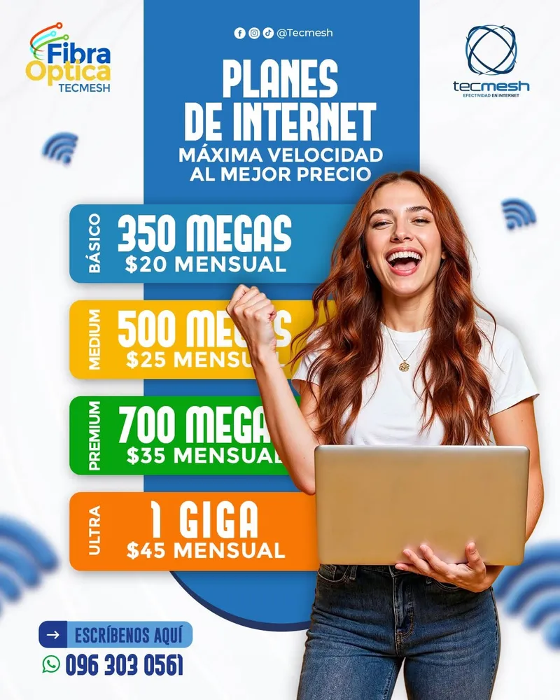 Planes de internet Tecmesh: Básico 350 megas 20 dólares, Medium 500 megas 25 dólares, Premium 700 megas 35 dólares y Ultra 1000 megas 45 dólares